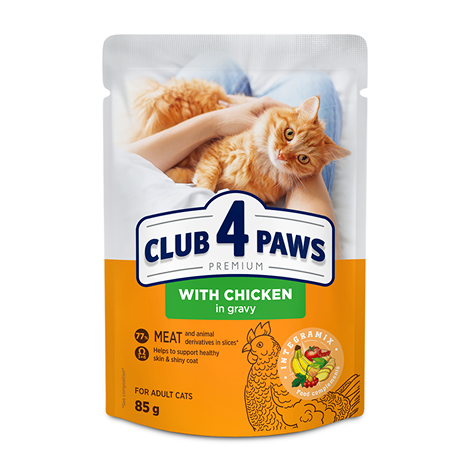 CLUB 4 PAWS PREMIUM "WITH CHICKEN IN GRAVY". COMPLETE CANNED PET FOOD FOR ADULT CATS