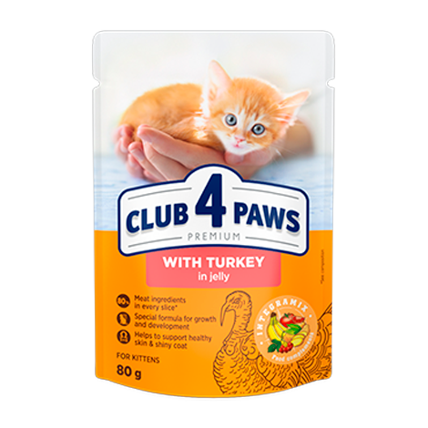 CLUB 4 PAWS PREMIUM FOR KITTENS "WITH TURKEY IN JELLY". СOMPLETE CANNED PET FOOD