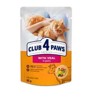 CLUB 4 PAWS Premium "With veal in gravy". Сomplete canned pet food for adult cats