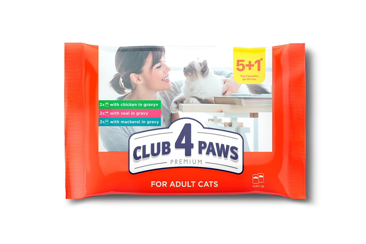Set № 2 "CLUB 4 PAWS Premium. Сomplete canned pet food for adult cats 5+1", 0,48 kg