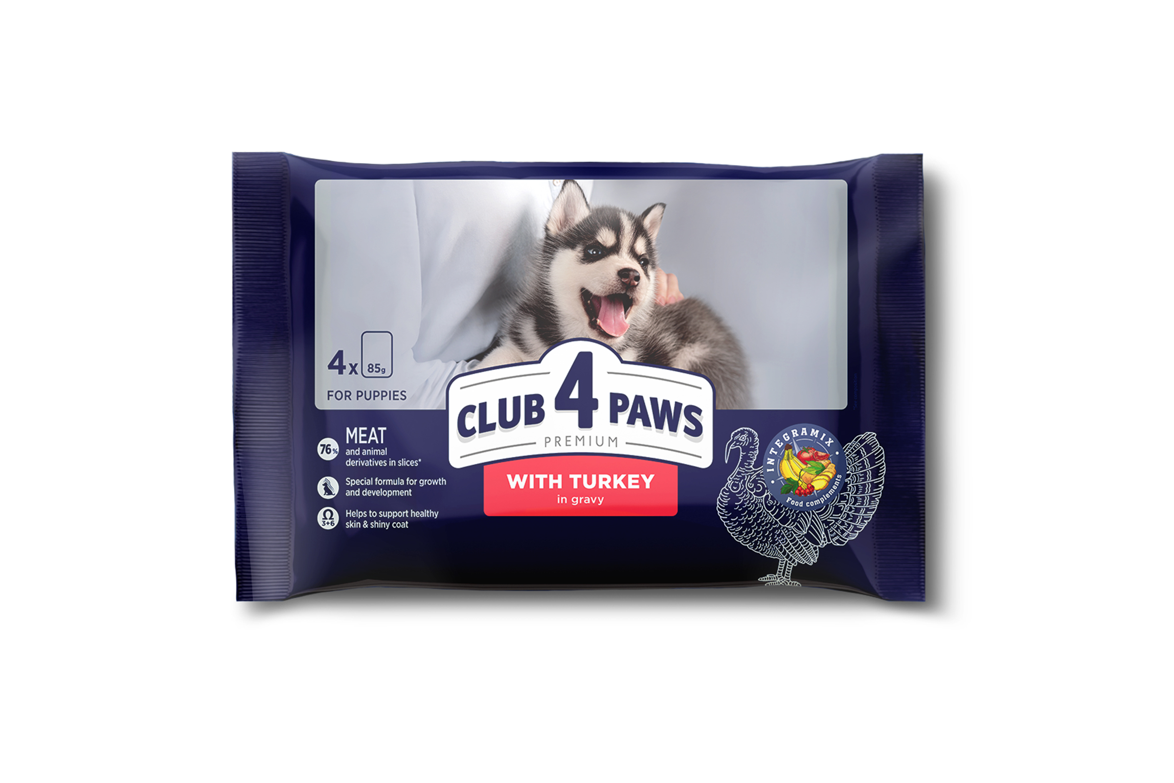 Set CLUB 4 PAWS PREMIUM FOR PUPPIES "WITH TURKEY IN GRAVY". COMPLETE CANNED PET FOOD (x4)